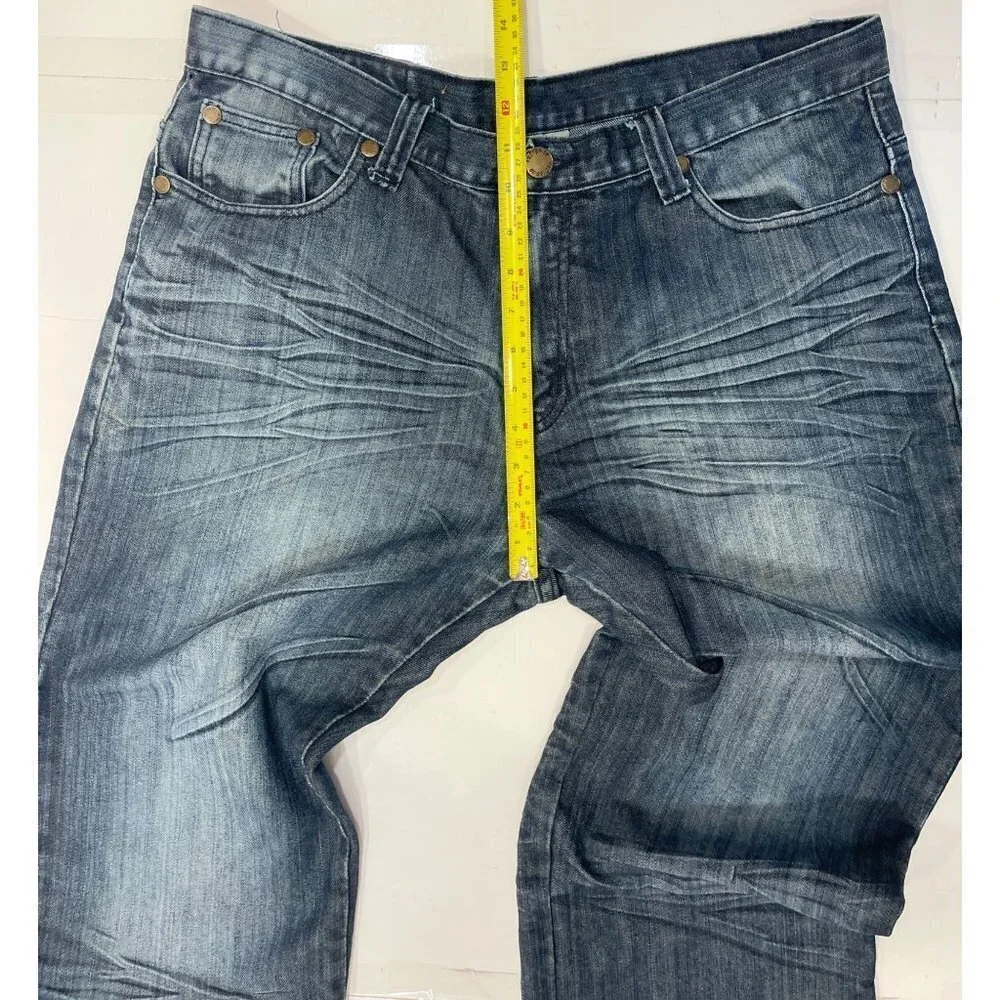 INDIGO 30 Men's Dark Denim Whiskered Jeans 36x34 Flaps Embroidery Bootcut EUC‎